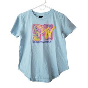 MTV Music Television Shirt Girls Juniors Size Large Blue Short Sleeve Retro